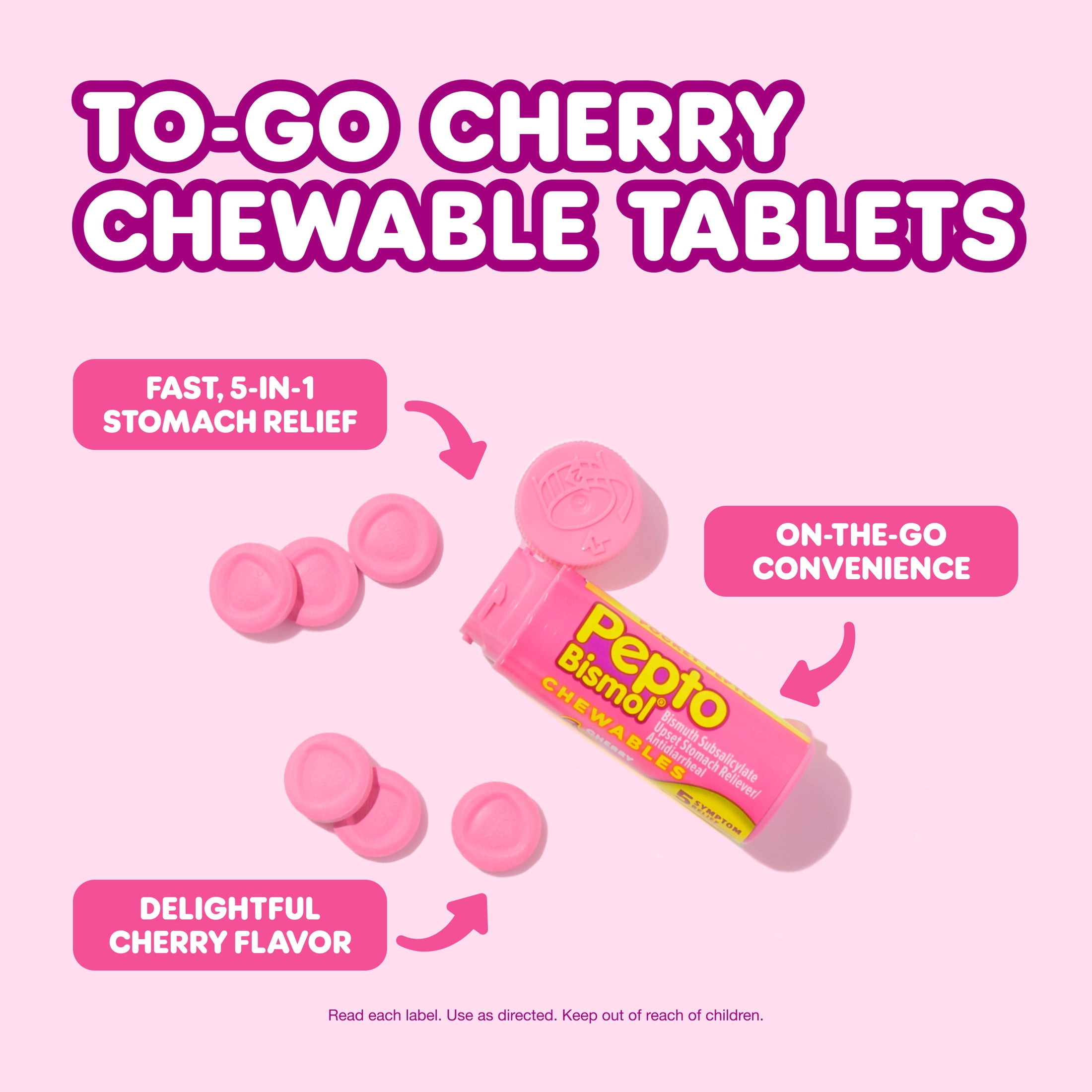 Pepto Bismol Chewable Tablets, Upset Stomach Relief, Anti Diarrheal, Cherry, 24 Count