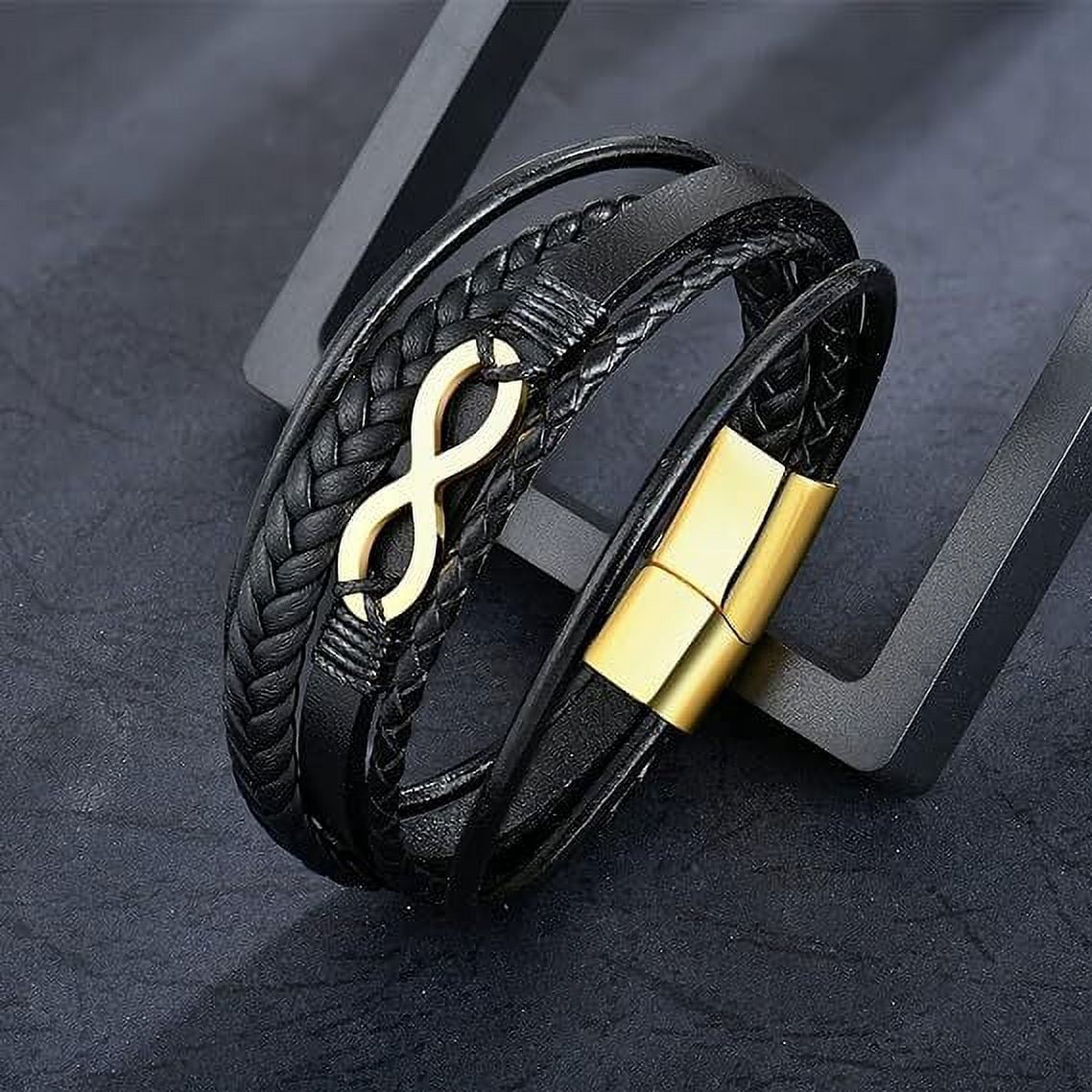 Raymard Mens Infinity 8 Multi-Layer Leather Bracelet,8.5" Black and Gold Braided Bracelet for Men