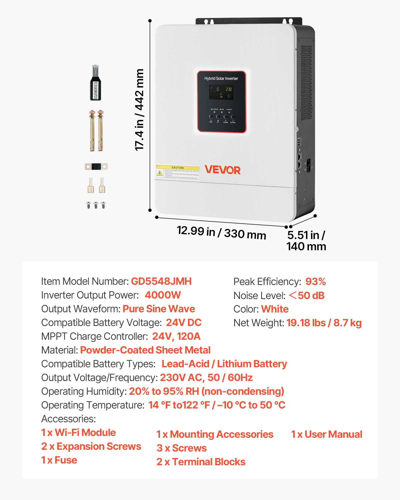 VEVOR 4000W Hybrid Solar Inverter, 24V DC to 230V AC, Pure Sine Wave Power Inverter Charger, with Built-in 120A MPPT Solar Controller, WiFi Module, Single-Phase,for Lead Acid Lithium Battery off-Grid