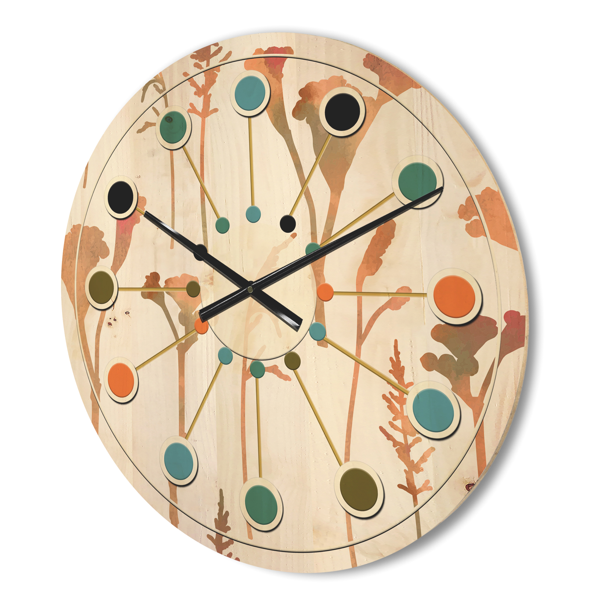 Designart 'Retro Flowers Pattern I' Mid-Century Modern Wood Wall Clock