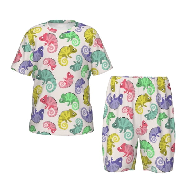 Balery Cute Chameleons Conjunto de Pijama Infantil de Manga Corta con Estampado – Ropa de Dormir de Algodón Suave-XX-Large