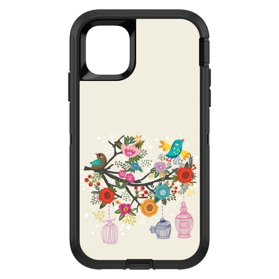 DistinctInk Custom SKIN / DECAL compatible with OtterBox Defender for iPhone 11 Pro MAX (6.5" Screen) - Spring Collection - Floral Birds Teal Red