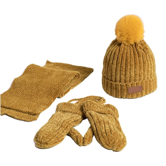 YUUZONE Kids 3Pcs Winter Warm Beanie Hat Long Scarf Gloves Set Chenille Velvet Knit Plush Lined Solid Color Pompom Sku11 Cap