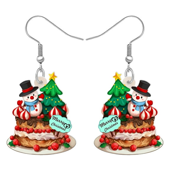 NEWEI Christmas Day Acrylic Sweet Cake Earrings Novelty Snowman Christmas Tree Cartoon Chocolate Cake Dangle Jewelry For Women Birthday Holiday Tea Party Christmas Gifts