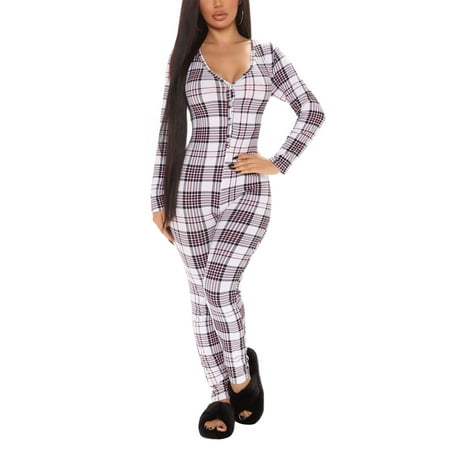 Bebiullo Women s Sexy Deep V Neck Butt Flap Pajamas Onesies Sexy Long Sleeve Bodycon Jumpsuit One Piece Bodysuit Rompers Grey Plaid M