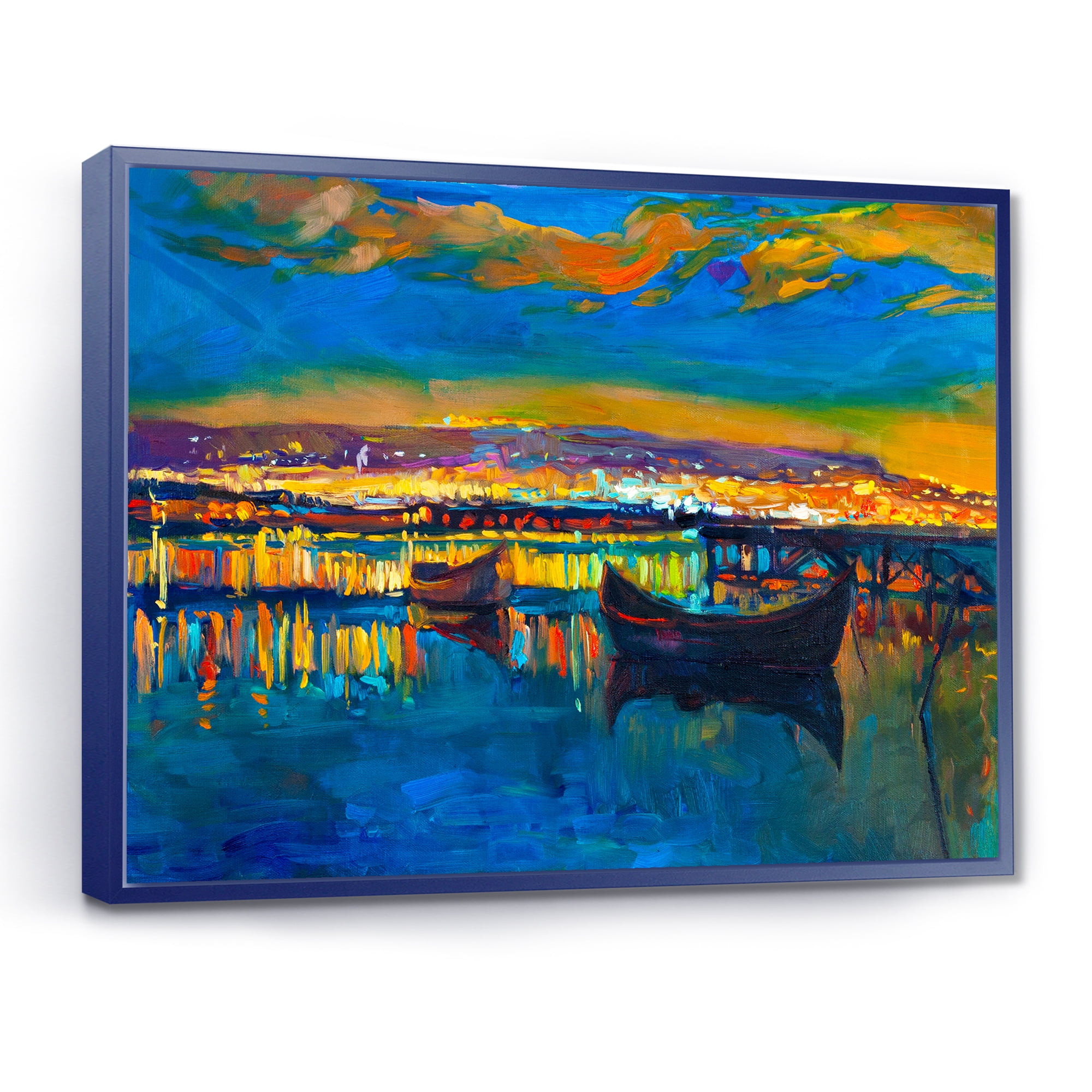 Designart 'Two Little Boats In The VIllage Harbor Ar Night' Nautical & Coastal Framed Canvas Wall Art Print