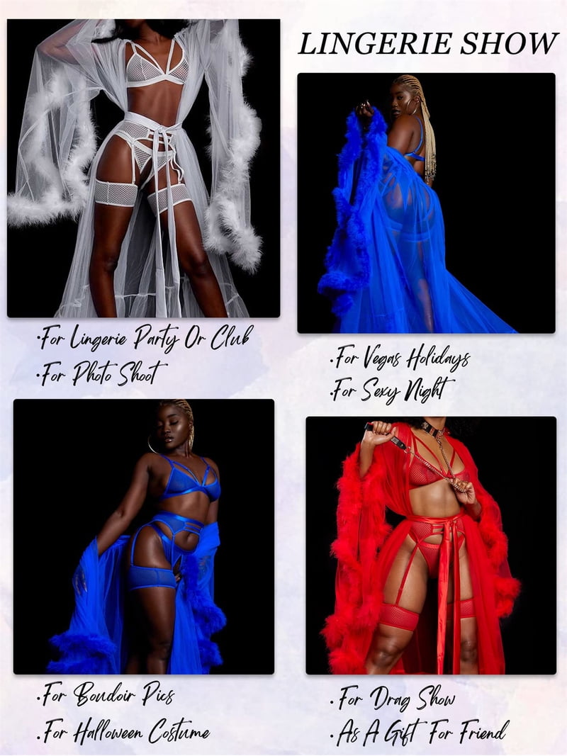 popiv 4 Piece Garter Lingerie for Women, Sexy Cutout Lingerie, Mesh  Matching Lingerie Set,Blue，L