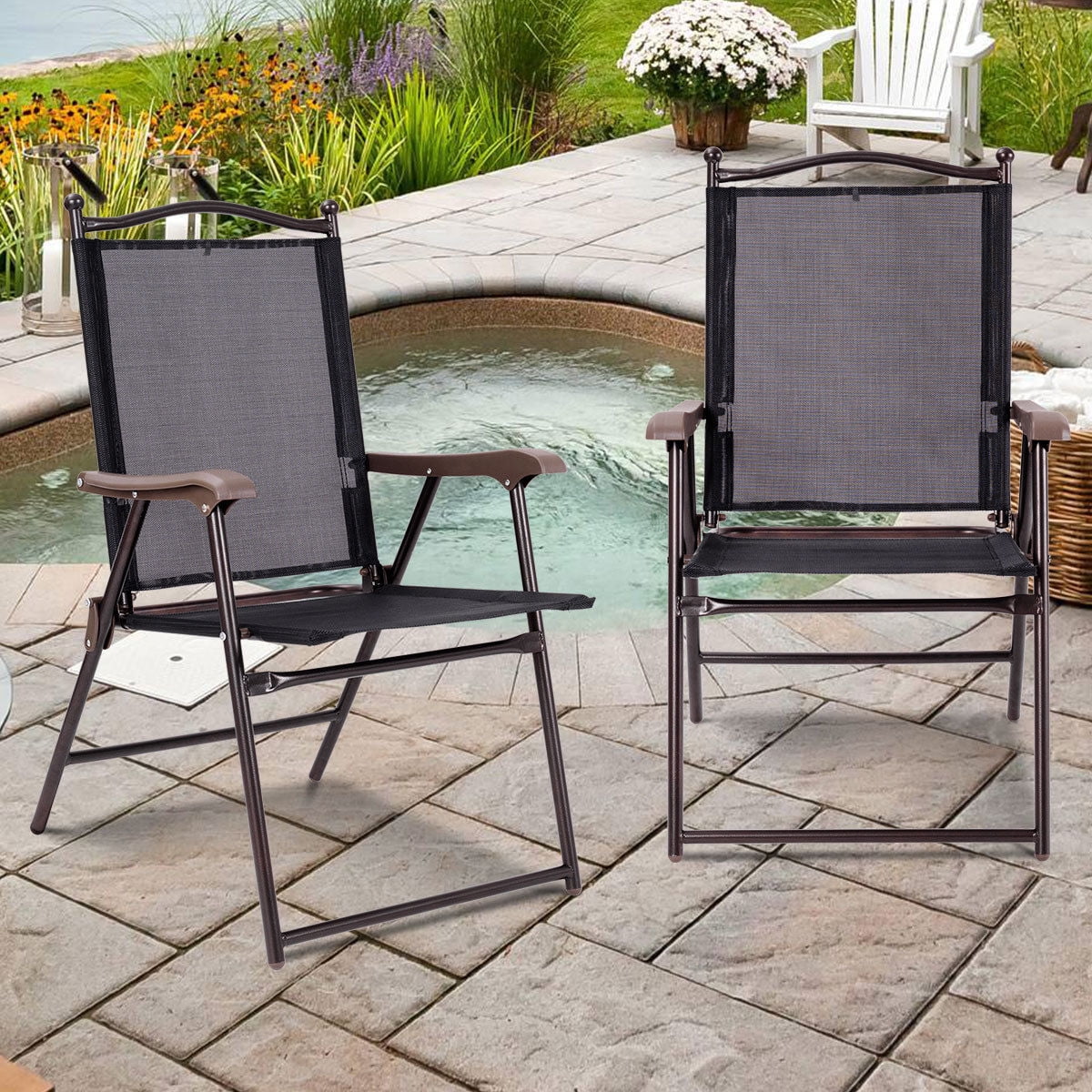 Set of 2 Outdoor Patio Folding Sling Chairs Camping Deck Garden Steel W/ Armrest 