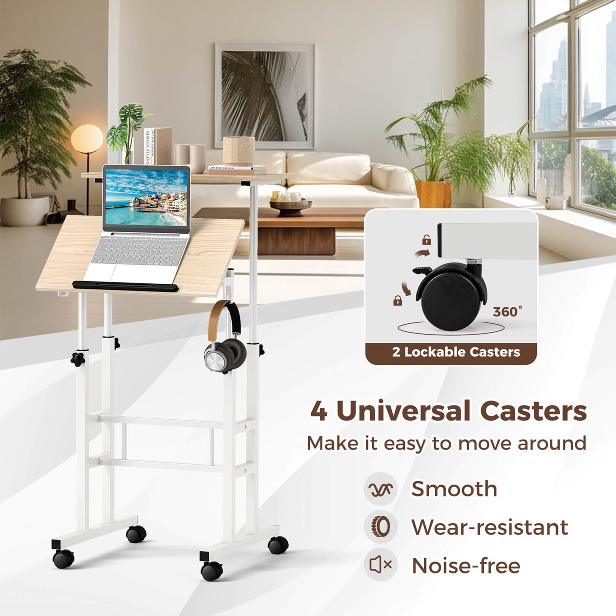 Costway Height Adjustable Mobile Standing Desk with Tiltable Desktop & 2 Hanging Hooks