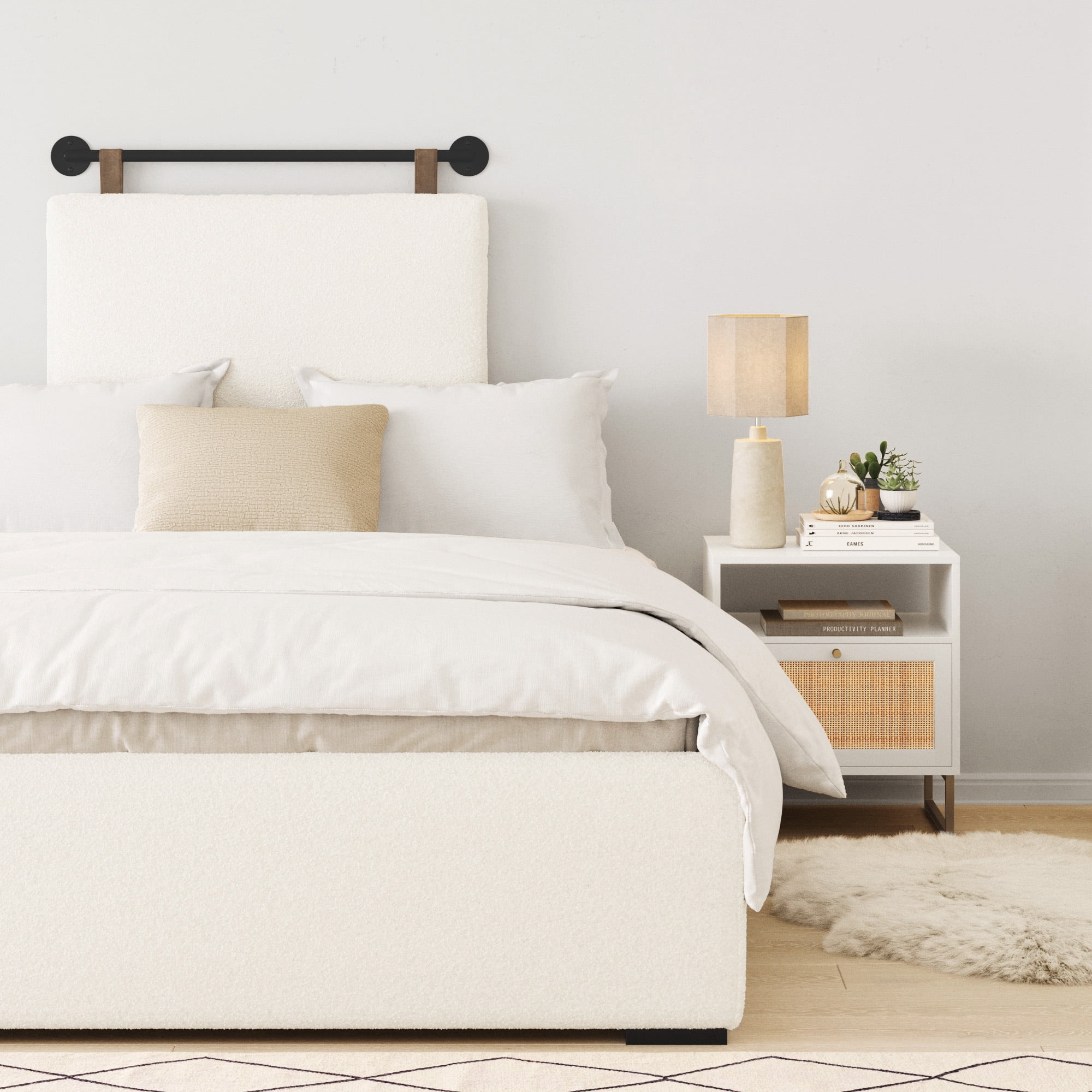 Nathan James Charlie Wall Mount Padded Headboard, Adjustable Height with Black Metal Rail for Twin Size Bed