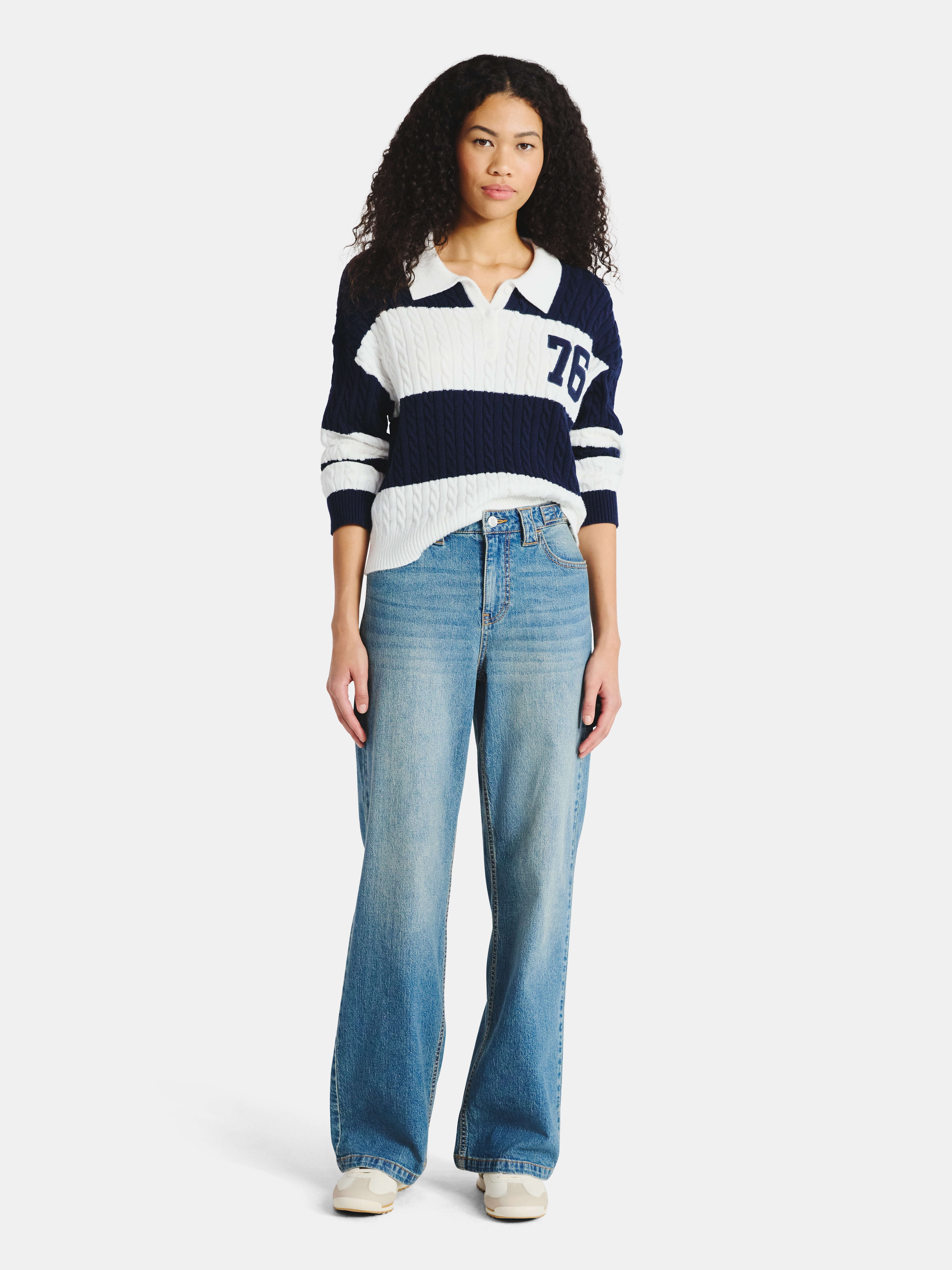 No Boundaries Cable Knit Collared Pullover, Women's