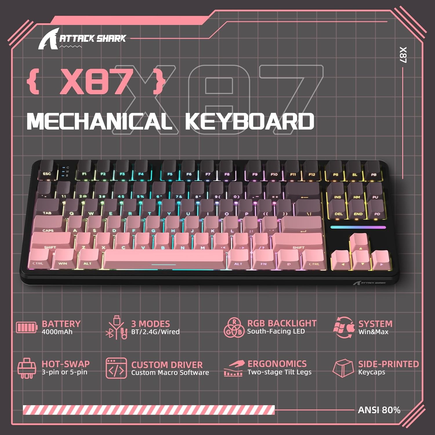 ATTACK SHARK X87 80% Wireless Mechanical Keyboard, BT5.0/2.4G/USB-C Hot-Swap Gasket Gaming Keyboard,RGB Backlit, 4000mAh,Pre-lubed Linear Switch, Side Engraved Gradient PBT Keycap for PC/MAC