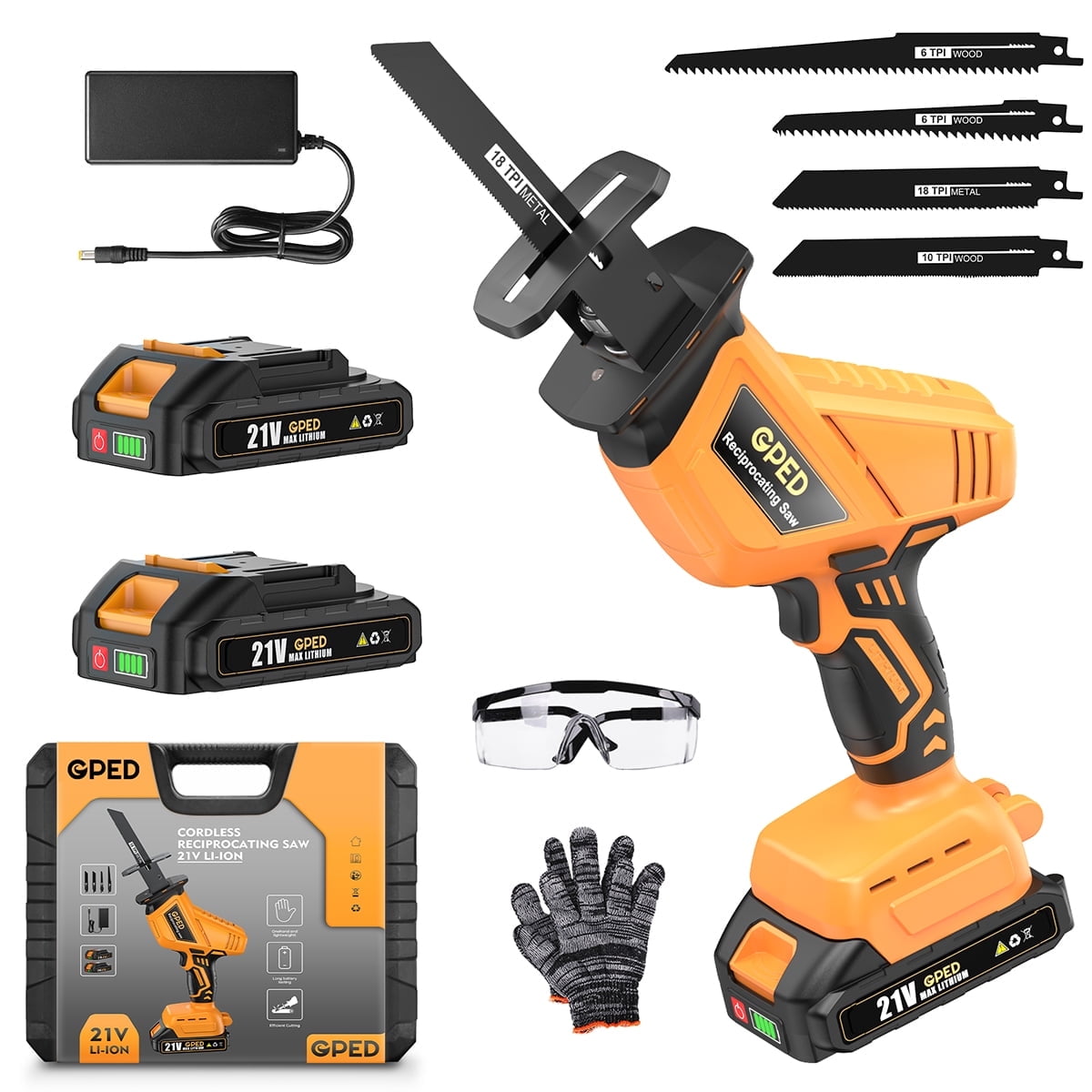 GPED 20V Cordless Reciprocating Saw, 0-3000 SPM, with 2 x 2.0Ah Battery, Tool-free Blade Change, Led Light, One-handed Reciprocating Saws with 4 Saw Blades for Wood/Metal/PVC, Yellow