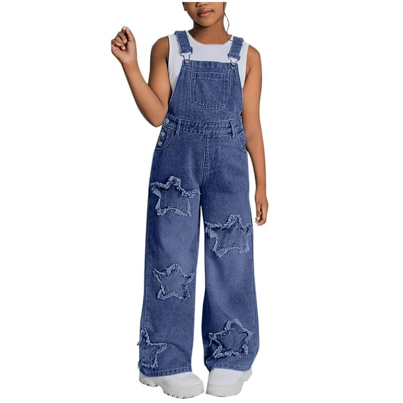 Birdeem Salopette Combinaison en Denim pour Filles, Couleur Unie Mode Décontractée, Jambe Grand Ornée d'Étoiles à Cinq Branches, Robe Salopette en Denim
