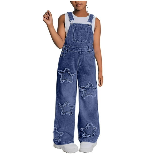Salopette en Denim Robe Décontractée pour Filles, Couleur Unie, Salopette en Denim à Jambe Grand avec Motif d'Étoile à Cinq Branches