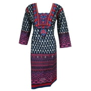 Mogul Woman's Ethnic Long Tunic Blue Pink Floral Embroidered Cotton Kurti Dress Kaftan