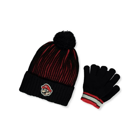 Super Mario Boys' 2-Piece Hat & Gloves Set - black, one size