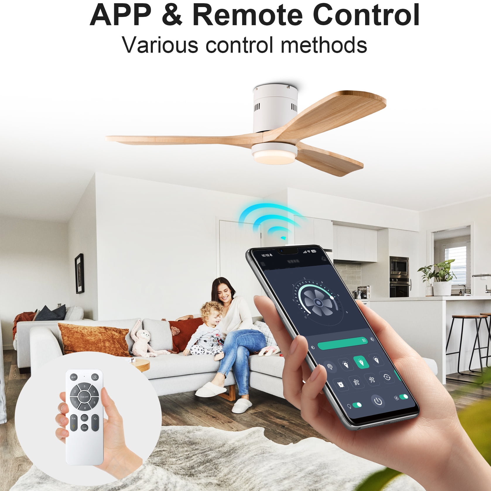 Mintazer 52 in Low Profile Flush Mount Ceiling Fan with Dimmable LED Light & Remote Control, Modern Ceiling Fan with Noiseless for Bedroom Living Room, White