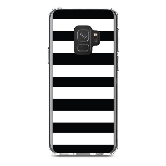 DistinctInk Clear Shockproof Hybrid Case for Samsung Galaxy S9 (5.8" Screen) - TPU Bumper, Acrylic Back, Tempered Glass Screen Protector - Black & White Bold Horizontal Stripes