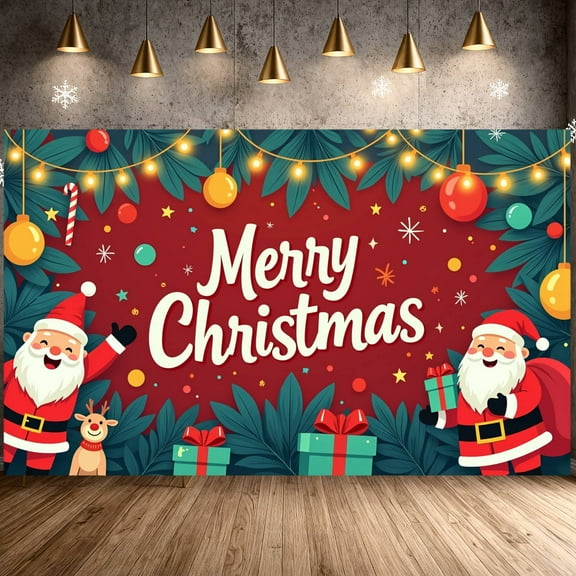 Red Background Merry Christmas Banner Snowflake Pattern Xmas Display Christmas Ornaments Gift Boxes Christmas Backdrop for Christmas Party Holiday Decoration Indoor Celebration