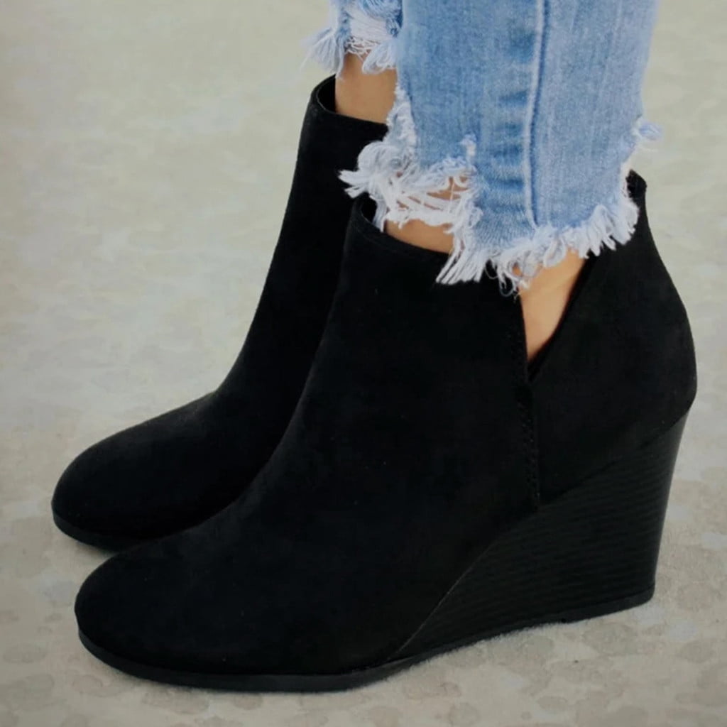 Womens Ankle Boots Round Toe Hidden Wedge Heel Booties Plus Size Side Zip Shoes 