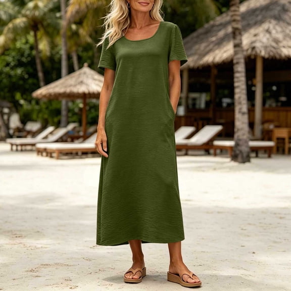Women's Solid Round Neck Beach Dress Short Sleeve Vacation Skirt