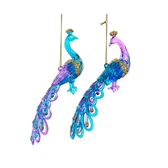 Set of 2 Glazed Iridescent PURPLE & TEAL PEACOCK Christmas Ornaments, Kurt Adler
