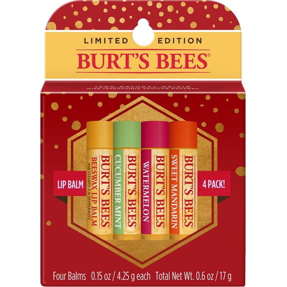 Burt's Bees Lip Balm, Freshly Picked- Beeswax, Cucumber Mint, Watermelon, & Sweet Mandarin - 4 Tubes