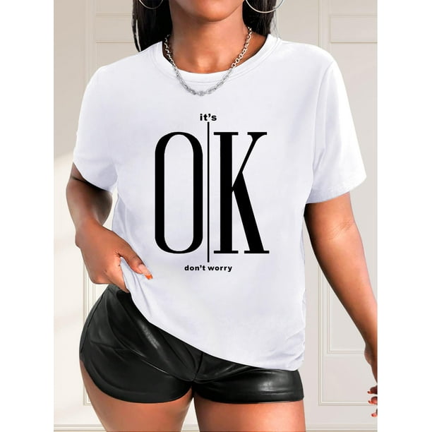 Camisetas con diseño gráfico para mujer, playera corta, clásico, estética, ropa de verano de los 90Chic OK Letter Print Casual Tee for Women - Crew Neck, Short Sleeve, Breathable Polyester - Perfec