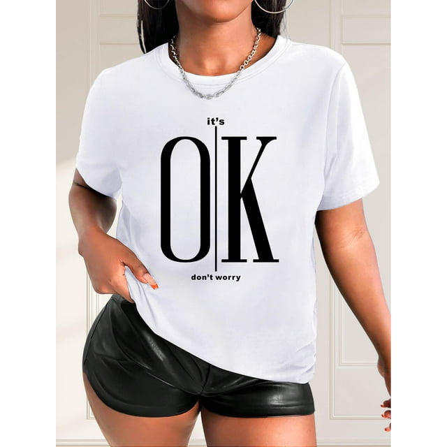 Camisetas con diseño gráfico para mujer, playera corta, clásico, estética, ropa de verano de los 90Chic OK Letter Print Casual Tee for Women - Crew Neck, Short Sleeve, Breathable Polyester - Perfec