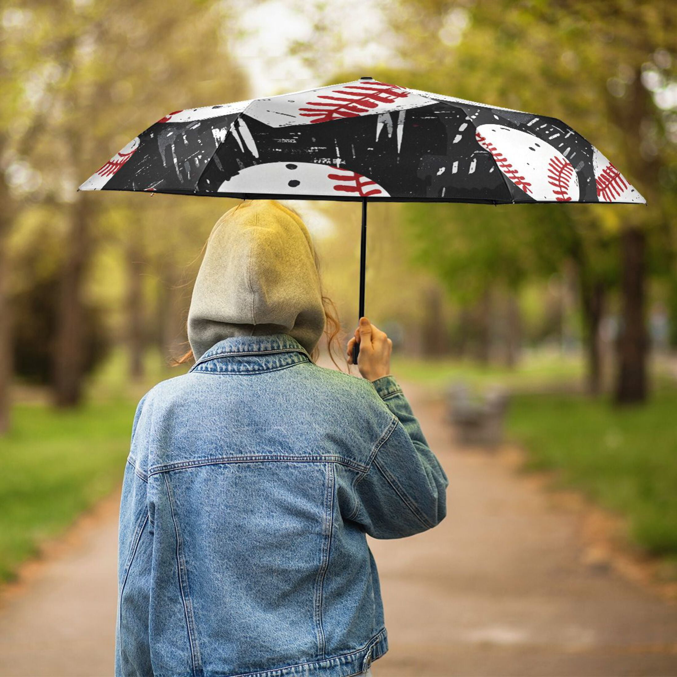 ALAZA Baseball Hearts UPF 50+ Compact Folding Umbrella for Rain Travel Umbrella Packable
