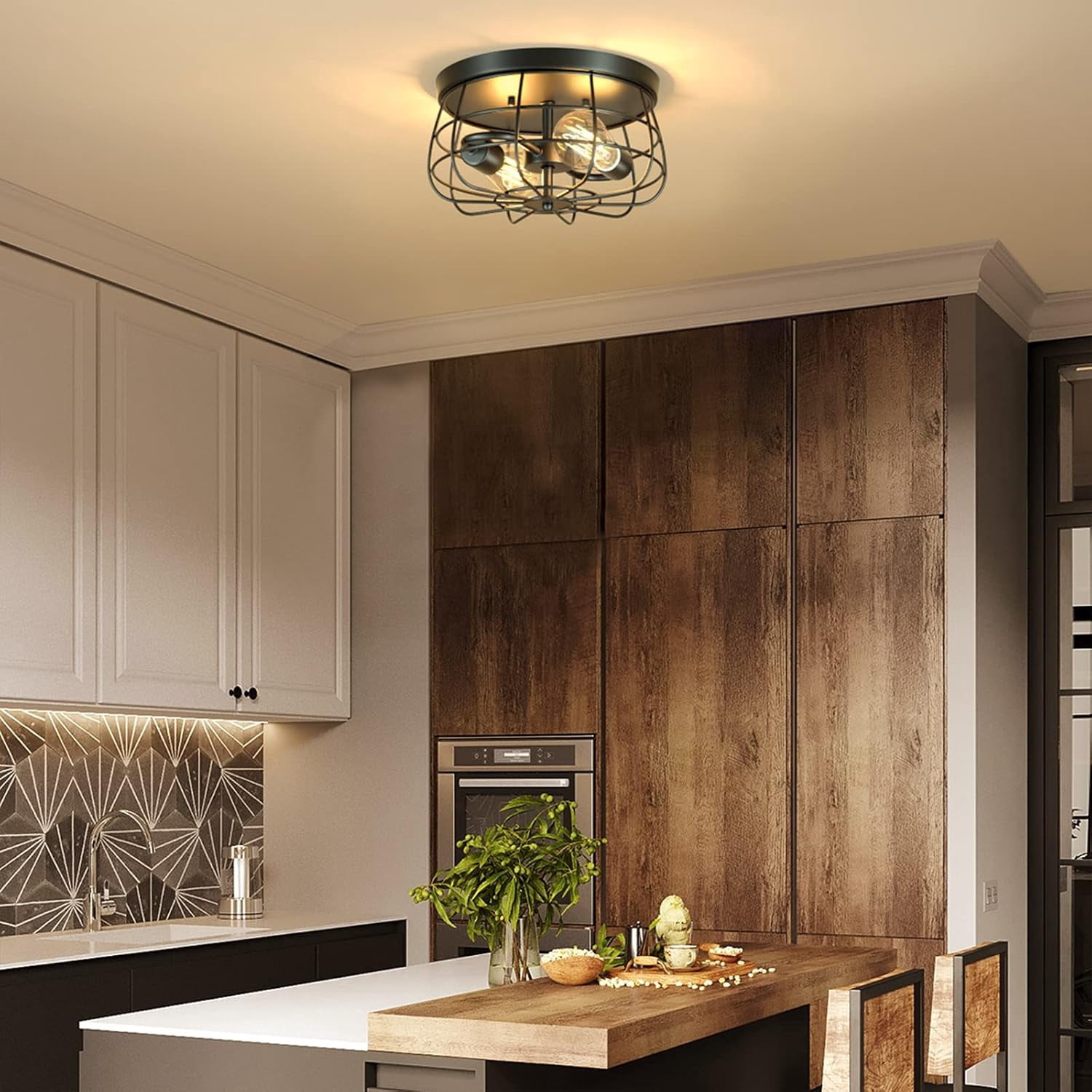2-Light Farmhouse Ceiling Light Fixtures Industrial Black Semi Flush Mount Ceiling Light with Metal Cage for Kitchen Living Room