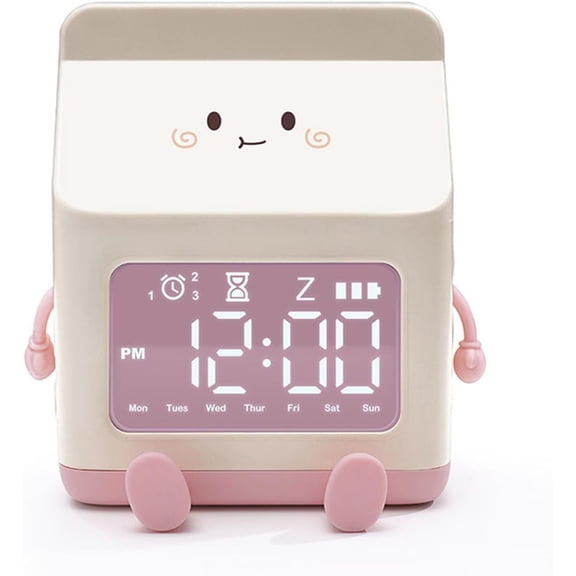 CATPAN Fun Milk Box Alarm Clock, Student Countdown Cartoon Alarm Clock Children Digital Cute Wake Up Alarm Clock for Bedroom Room Decor (Pink)