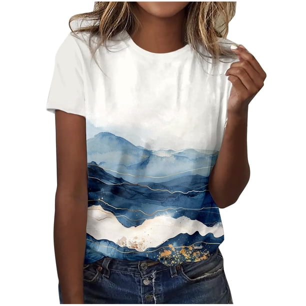Camisetas de Manga Corta para Mujeres Moda Impresa Cuello Redondo Camiseta, Lentejuelas Detalle para Primavera Verano Casual Y Fiesta