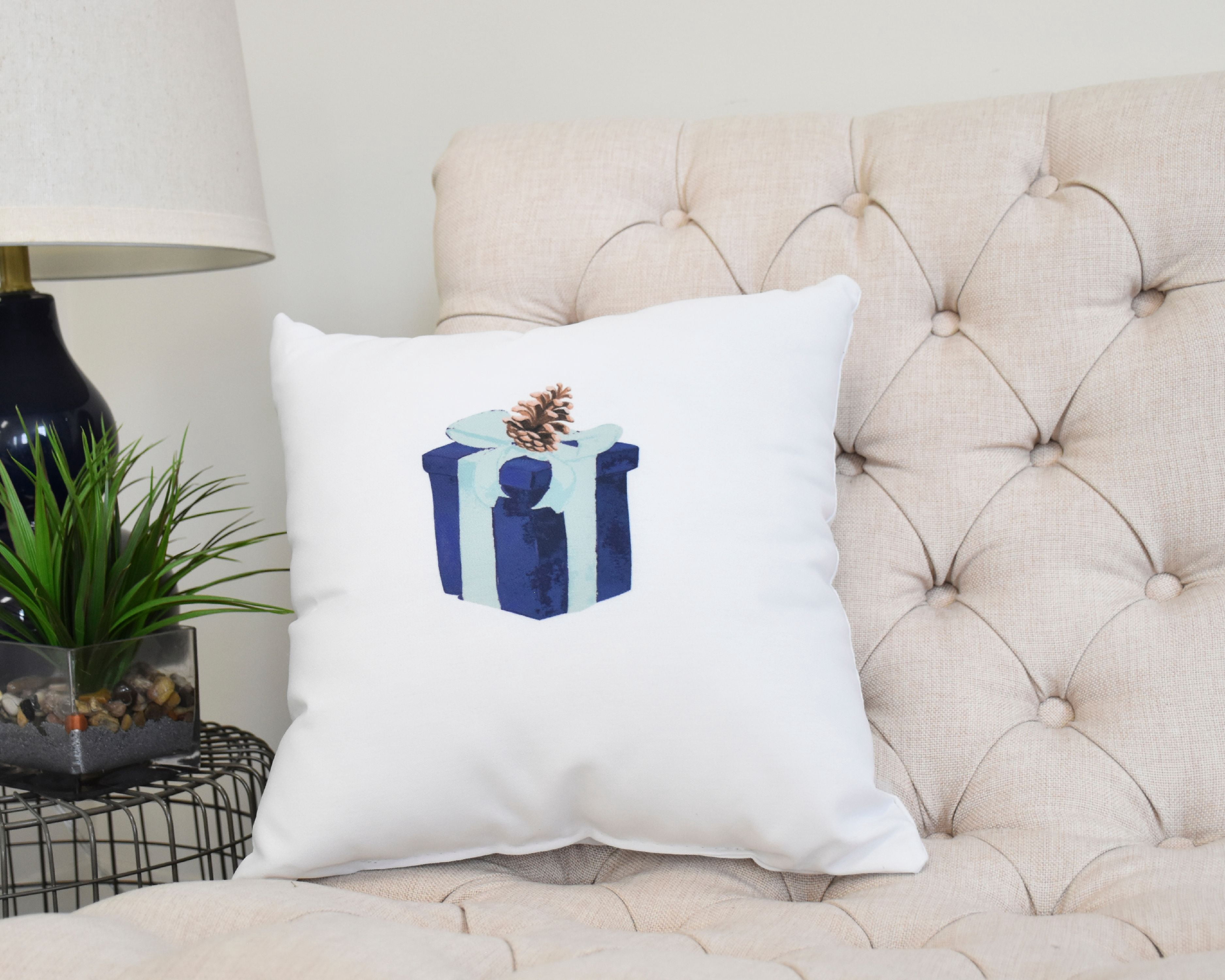 Gift Wrapped 18 Inch Navy Blue Holiday Print Decorative Throw Pillow
