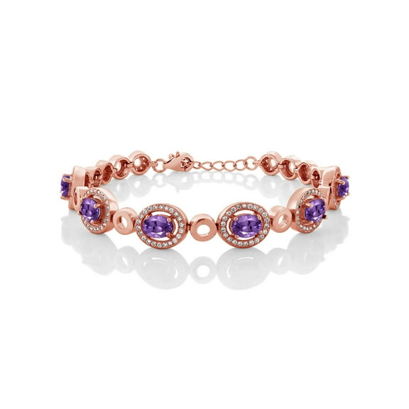 Gem Stone King 18K Rose Gold Plated Silver Purple Amethyst Tennis Bracelet for Women (6.42 Cttw, Gemstone Birthstone, Oval 7X5MM, 7 inch with 1 inch Extender)