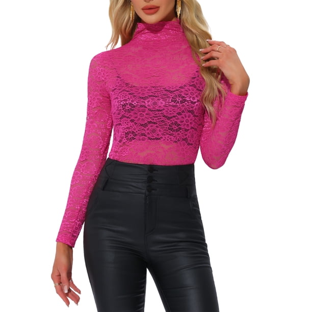 INSPIRAR CHIC Blusa de Encaje Floral Transparente de Manga Larga con Cuello Alto XS Fucsia