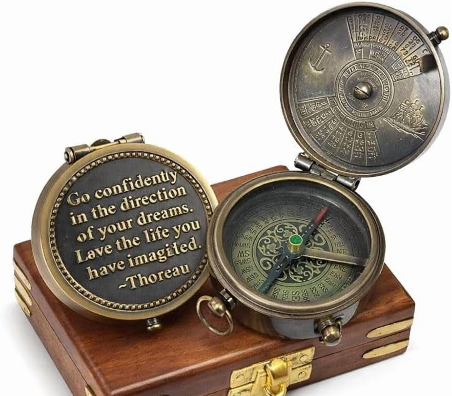 Maritime treasures Vintage Brass Pocket Compass with Engraved “Go Confidently in the Direction of Your Dreams” Quote – Antique Nautical Compass with Wooden Box, Gift