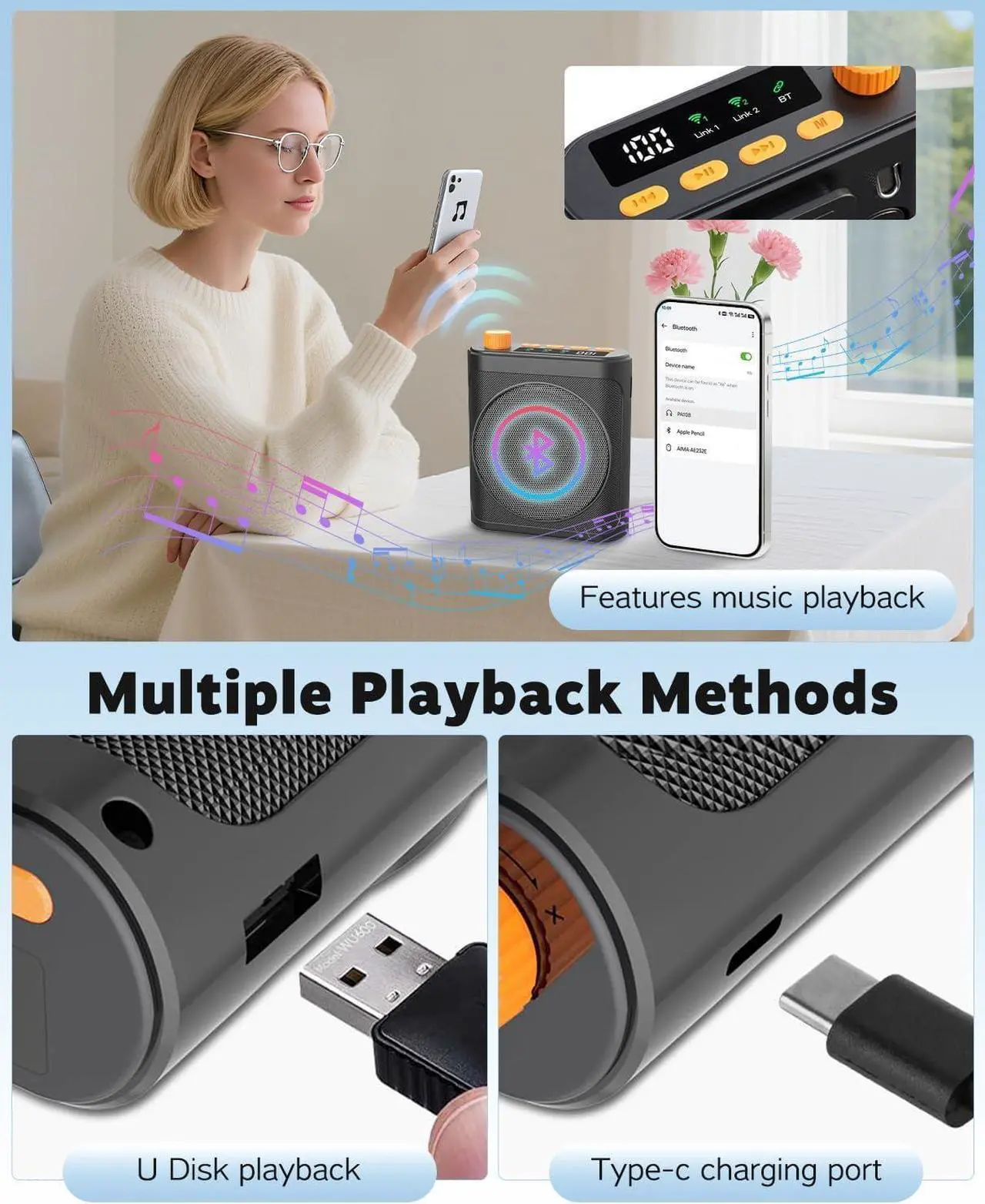 15W Wireless Voice Amplifier with 2 Magnetic Lavalier Mics & Noise Reduction - Bluetooth 5.3 PA System for Teachers, Tour Guide, Yoga - 15H Rechargeable Battery, Waist-Mount Design (White) Black