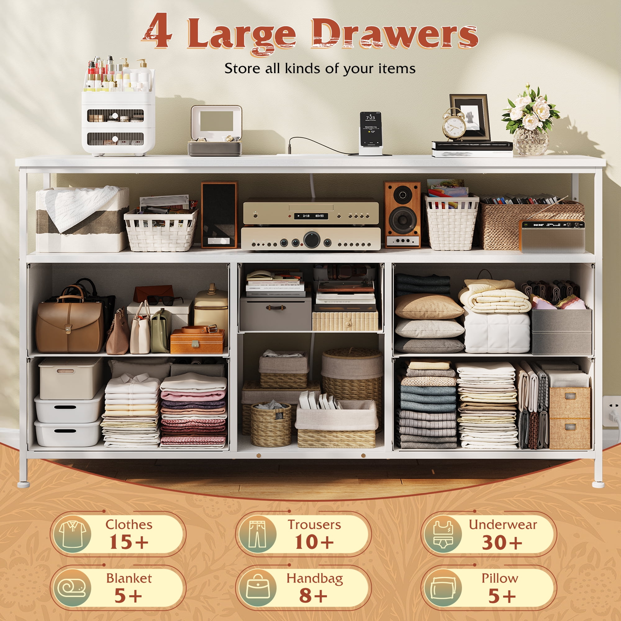 EnHomee White Dresser with 5 Drawers TV Stand for 50" Dressers for Bedroom with LED Lights & Power Outlets