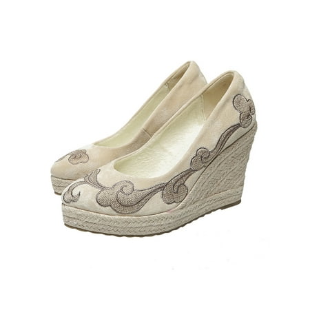 

Tenmix Ladies Pumps Comfort Casual Shoes Ethnic Wedge Pump Slip On Espadrilles Women Warm Lightweight High Heels Beige 5