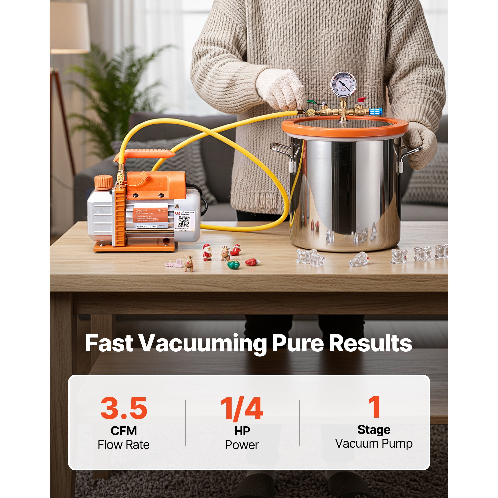 KFFKFF 3 Gallon Vacuum Chamber Kit with Pump, Stainless Steel, Tempered Glass Lid, 5 ft Hose