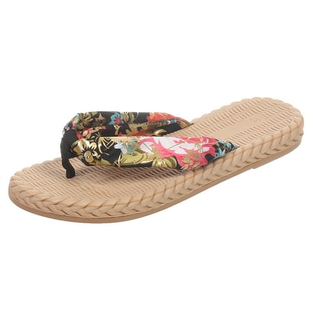 

Ladies Fashion Bohemian Cloth Top Print Pintoed Grass Woven Bottom Flat Bottom Sandals