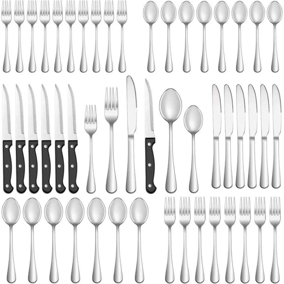 CATUOR 48-Piece Silverware Set with Steak Knives, Stainless Steel Flatware Cutlery Set for 8, Mirror Polished, Dishwasher Safe