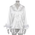 thumbnail image 1 of Pijamas de plumas para mujer, conjunto de 2 piezas de manga larga con cuello vuelto, Tops con bolsillos, trajes de noche informales con pantalones cortos, otoño 2022, 1 of 4