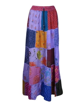 Mogul Women Patchwork Maxi skirt, Indian Vintage Look Boho Purple Floral Skirt, Hippie Skirt, festival, gypsy Skirts, Elastic Waist Long skirt S/M