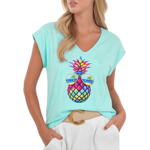 Cozymy Women's Blue Colorful Pineapple Vacation V-Neck Sleeveless Tank Top Casual Summer Cotton Tee