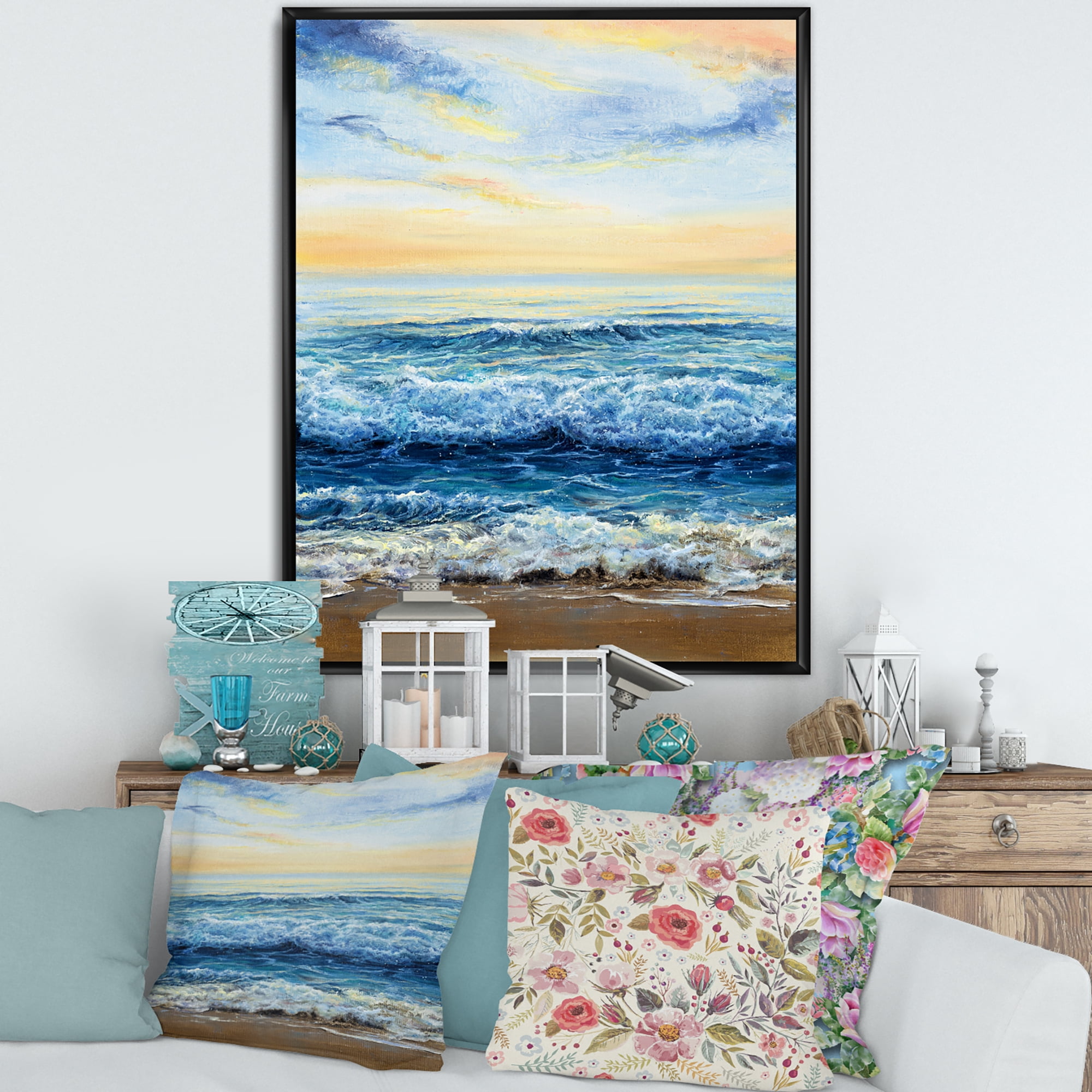 Designart 'Ocean Waves At Sunrise' Nautical & Coastal Framed Canvas Wall Art Print
