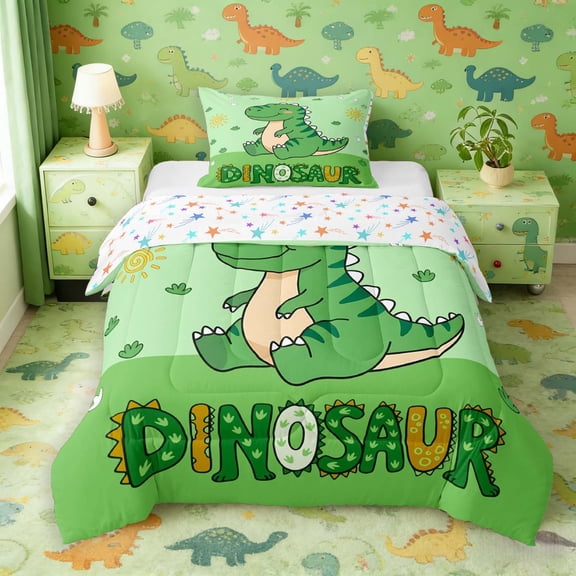Manfei Wild T-Rex Animals Twin Comforter Sets,Retro Dinosaur Bedding Set,Green Yellow,Colorful Stars Reversible,2-Piece,1 Comforter and 1 Pillowcase