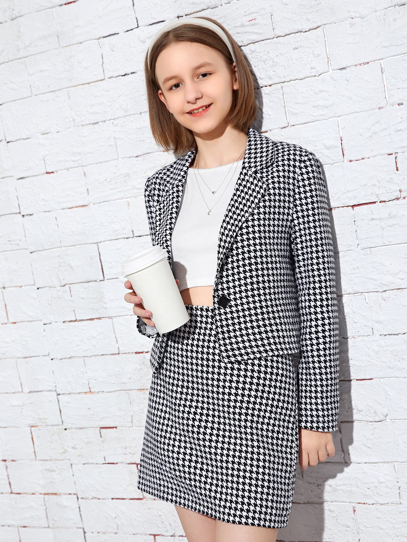 Single Button Houndstooth Tweed Jacket 